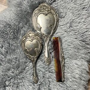 Ornate Silverplated Vanity Brush, Mirror & Comb Set - Silver